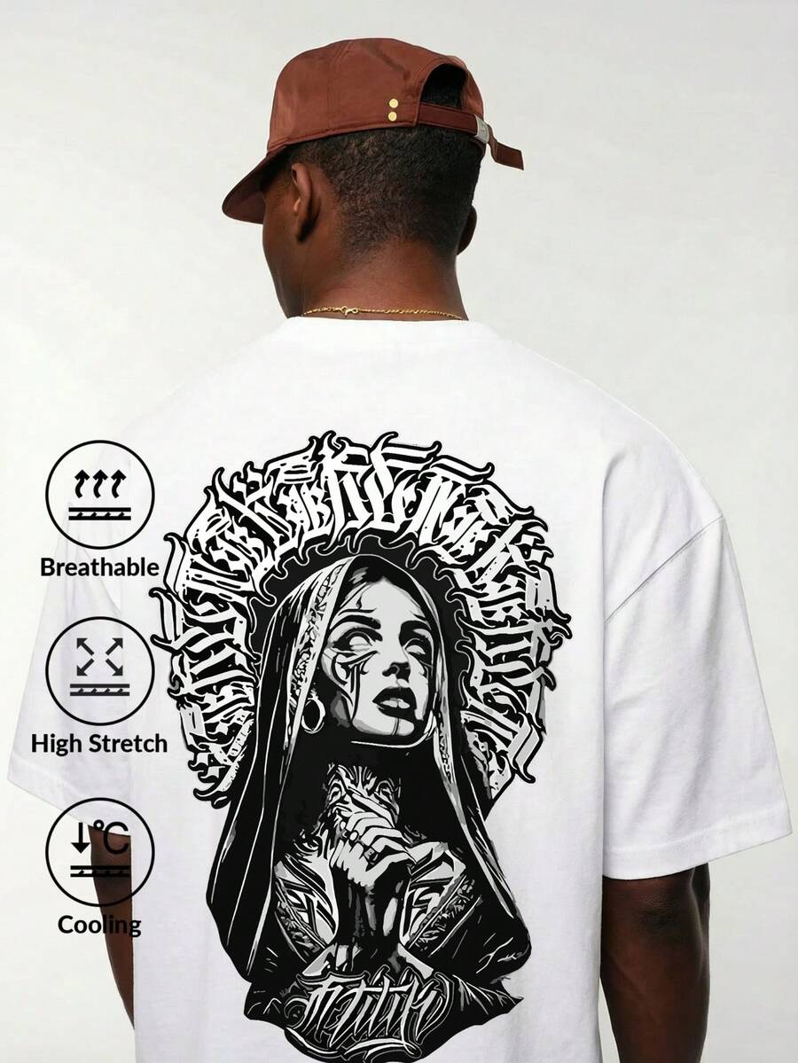 Camvyn 男士休闲时尚街头印花宽松透气短袖T恤，夏季 - 白色 - 查看 1