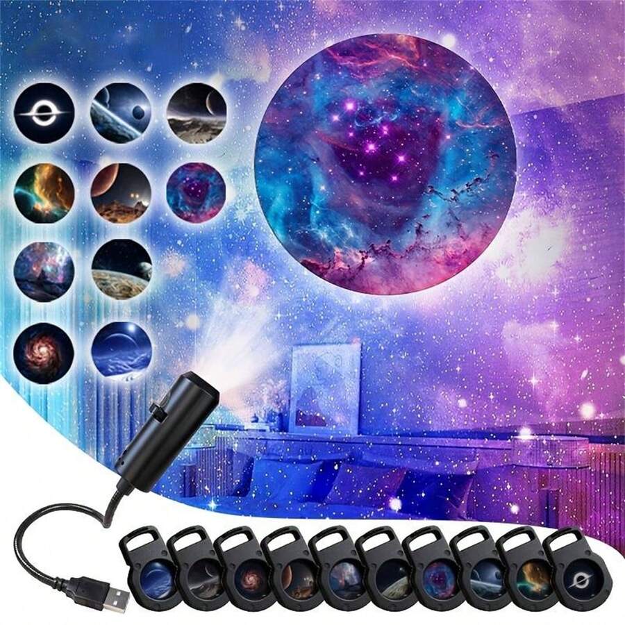 USB LED 星空投影灯 10/6/3 件装,360° 旋转星空图案,USB 供电桌面夜灯,情人节、生日礼物、电脑房装饰的理想之选 - 黑色 - 查看 1