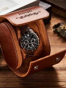 1pc Custom Leather Watch Case, Personalized Travel Watch Roll, Custom Text Leather Watch Box, Personalized Engraved Name Watch Organizer, Custom Watch Display Case, Watch Holder, Jewelry And Watch Storage Case, Pocket Watch Case, Custom Watch Case, Leather Watch Holder, Groomsman Gift, Wedding Gift - Multicolor - View 4