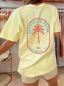 Womens Y2k Coconut Tree Oversized Shirts Tops Coconut Tree/Letter Print Short Sleeve Round Neck Loose Fit Tee Shirt Summer Vintage Aesthetic Baggy Tee - 杏色 - 查看 2