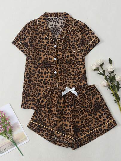 Leopard Print Women Bubble Crinkle Short Sleeve Shorts Pajama Set