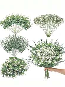 30/20/10 piezas Ramas de eucalipto artificial y flores de Gypsophila con tallos verdes, adecuado para ramos de boda DIY, decoración floral, decoración del hogar y al aire libre, centros de mesa, arreglos florales artificiales interiores/exteriores, decoraciones de boda, tallos decorativos - Multicolor - Ver 5