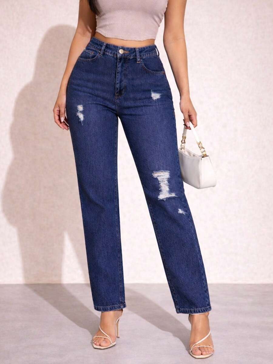 Jeans mujer tiro alto recto rasgado mezclilla casual urbano slim fit - Azul lavado oscuro - Ver 1