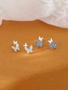 高级S925纯银双蝴蝶耳钉，5A级闪亮锆石，优雅女孩情人节生日礼盒装，派对旅行必备。 - 淺藍色 - 查看 5