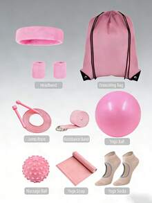10件套女士粉色瑜伽健身套装 - 便携式运动配件套装，包括跳绳、按摩球、3件套头带、阻力带、瑜伽球和瑜伽袜，适合居家锻炼、普拉提和健身房训练 - 彩色 - 查看 4