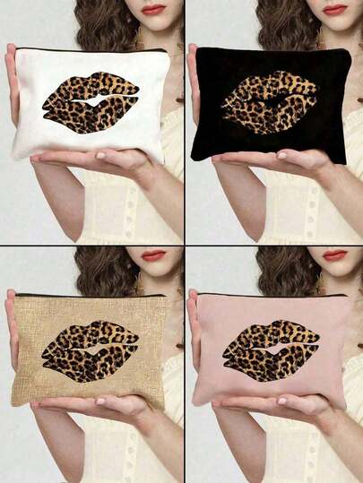 Leopard Print Lip Imprint Handbag, Durable & Fashionable Gift, Zipper Closure, Suitable For Loved Ones Or Girlfriend, Portable Cosmetic Bag