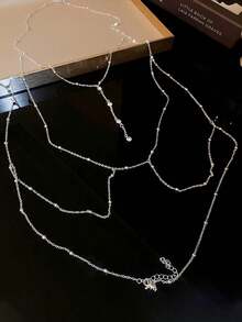 奢华金色水钻身体链，性感胸链+多层项链套装，派对晚宴内衣配饰 - 銀色 - 查看 10