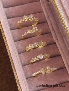 5件套优雅精致仿珍珠和锆石心形蝴蝶结可调节戒指套装，独特设计，适合日常、派对、聚会佩戴（不含礼盒） - 金黃色 - 查看 11