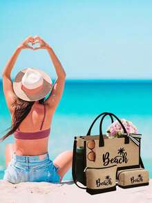 Conjunto de bolsa de praia feminina com tema praiano, estampada com a palavra "Beach" (Praia) e um padrão de palmeiras. Bolsa grande com óculos de sol pretos estilosos, chapéu de praia e duas nécessaires. Sacola de compras reutilizável e leve com mini porta-moedas. Bolsa multifuncional ideal para passeios de fim de semana. - Multicolorido - Ver 9