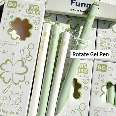 4pcs/Box Lucky Clover Themed Retractable Gel Pen, Black Ink, 0.5mm Tip, Quick-Drying Smooth Writing, Suitable For Diary, Notes, Office, School Supplies, New Year & Back To School Gifts