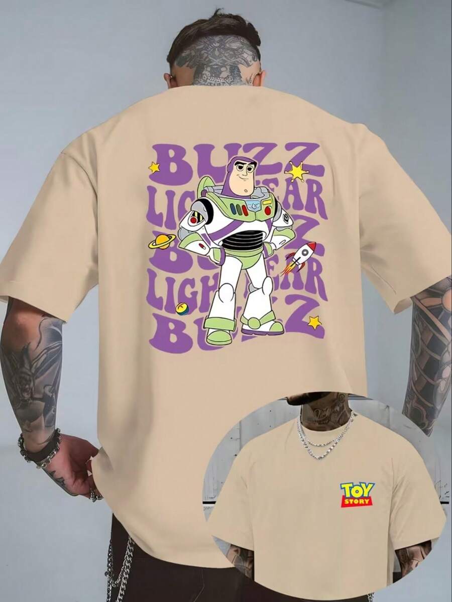 Authorized Disney Toy Story Buzz Lightyear Star Rocket Planet Printed Men's T-Shirts, T-Shirts For Leisure And Comfort, Breathable And Light, Fashionable Street Clothes, Men's Casual Shirts. - Apricot - View 1