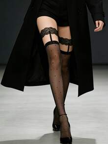 女士黑色吊袜带蕾丝过膝长袜 - 可拆卸腿环和透明蕾丝，设计师款过膝袜，适合约会之夜、新娘造型和Y2K风格 - 黑色 - 查看 3