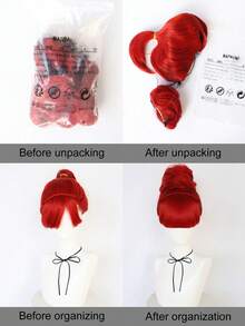 Peluca de princesa con moño rojo brillante y flequillo, pieza de cabello sintético resistente al calor para fiesta de princesa y cosplay - Rojo - Ver 10