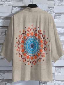 Vintage Bohemian Style! Grey Orange-Blue Mandala Print Woven Cardigan, Elegant And Eye-Catching, Men's Spring And Summer Business Casual And Holiday Gift Choice, Grey Orange-Blue Mandala Pattern Men's Printed Cardigan - Nhiều màu - Xem 4