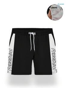 Men's Contrast Panel Letter Print Quick-Dry Mesh Lined Swim Trunks With Drawstring Waist And Side Pockets - Black - View 3