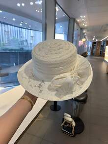 新款复古英式平顶帽，女士欧根纱遮阳帽，大帽檐透气防晒沙滩帽，夏季 - A - 查看 4