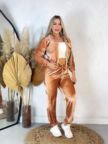 Women's Crystal Velvet Set With Hood And Zipper, Pants With Pocket, Cold Weather, Autumn/Winter - 駝色 - 查看 3