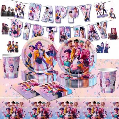 1 Set/1 pieza Decoraciones de fiesta de cumpleaños con tema de bruja, Decoraciones de pastel con bandera KPOP (La imagen del mantel no se muestra completamente, consulte el producto real, con un borde blanco)