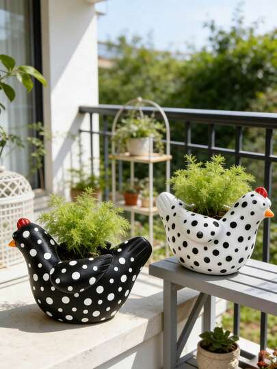 Classic Style Black And White Chicken Planters, Resin Hen & Rooster Shaped Flower Pots, Decorative Polka Dot Garden Ornaments With Multiple Components For Indoor & Patio Use