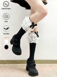 1双洛丽塔多层蕾丝法式过膝袜，白色/黑色蝴蝶结堆堆袜，芭蕾舞风格日式JK小腿袜 - 彩色 - 查看 1