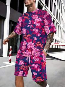Two-Piece, Retro And Elegant, Knitted Fabric, Rich Texture, Men's Business Casual, Summer Garden Visits, Blue Background With Pink Floral Cluster Pattern, Men's Short-Sleeve Beach Pants Set - Nhiều màu - Xem 3