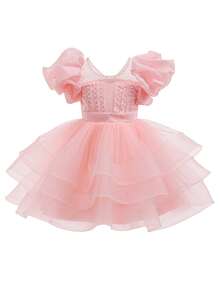 Children's Princess Dress, New Girls' Party Dress, Puff Sleeves, Bow Tie, Handmade Beaded, Tulle Puffy Skirt Dress, Little Girl Flower Girl Wedding Piano Recital Dress - Pink - View 10