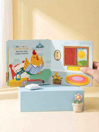 互动翻页故事书，动物日常活动图画书（公鸡起床、小猫洗脸、河马刷牙、熊整理房间），适合3-6岁儿童，蒙特梭利安静旅行玩具，学前启蒙及睡前阅读