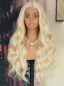 13x4 Inch Curly Wavy Golden & Platinum Blonde Lace Front Wig, Women Cosplay Synthetic Heat Resistant Replacement Wig With Middle Part Wavy Style, 71.12cm - Gold - View 7