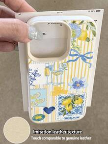 1pc Fashionable Lemon Element Striped Wine Glass Pattern Litchi Texture Anti-Drop Anti-Slip Soft Phone Case Compatible With Apple, Phones - Multicolor - View 1