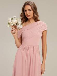 Đầm phù dâu màu hồng bằng vải chiffon thanh lịch, thiết kế cổ bất đối xứng, thích hợp cho tiệc tùng, đám cưới, kỳ nghỉ xuân/hè. - Hồng - Xem 6