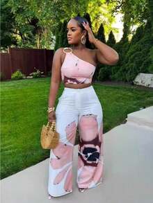 Women's Fashion Sexy Flower Print One Shoulder Slim Wide Leg Pants Two-Piece Set - Orange - View 2