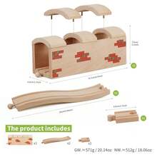 Juego de 5 piezas de vías de tren de madera con puente y túnel, accesorios de ferrocarril de madera sólida compatibles con la mayoría de las principales marcas de trenes de juguete - Multicolor - Ver 2