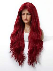 30" Machine Made Bright Red Wig Body Wave Wig, High Temp Fiber Voluminous Wig With Adjustable Stretchy Cap For Cosplay & Festival - Red - View 2
