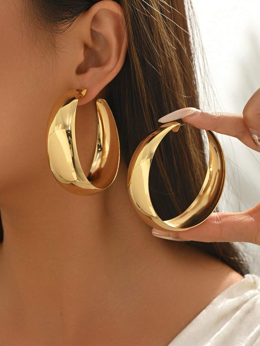 1 par de pendientes de aro exagerados y anchos, diseño de círculo a la moda adecuado para uso diario - Dorado - Ver 1