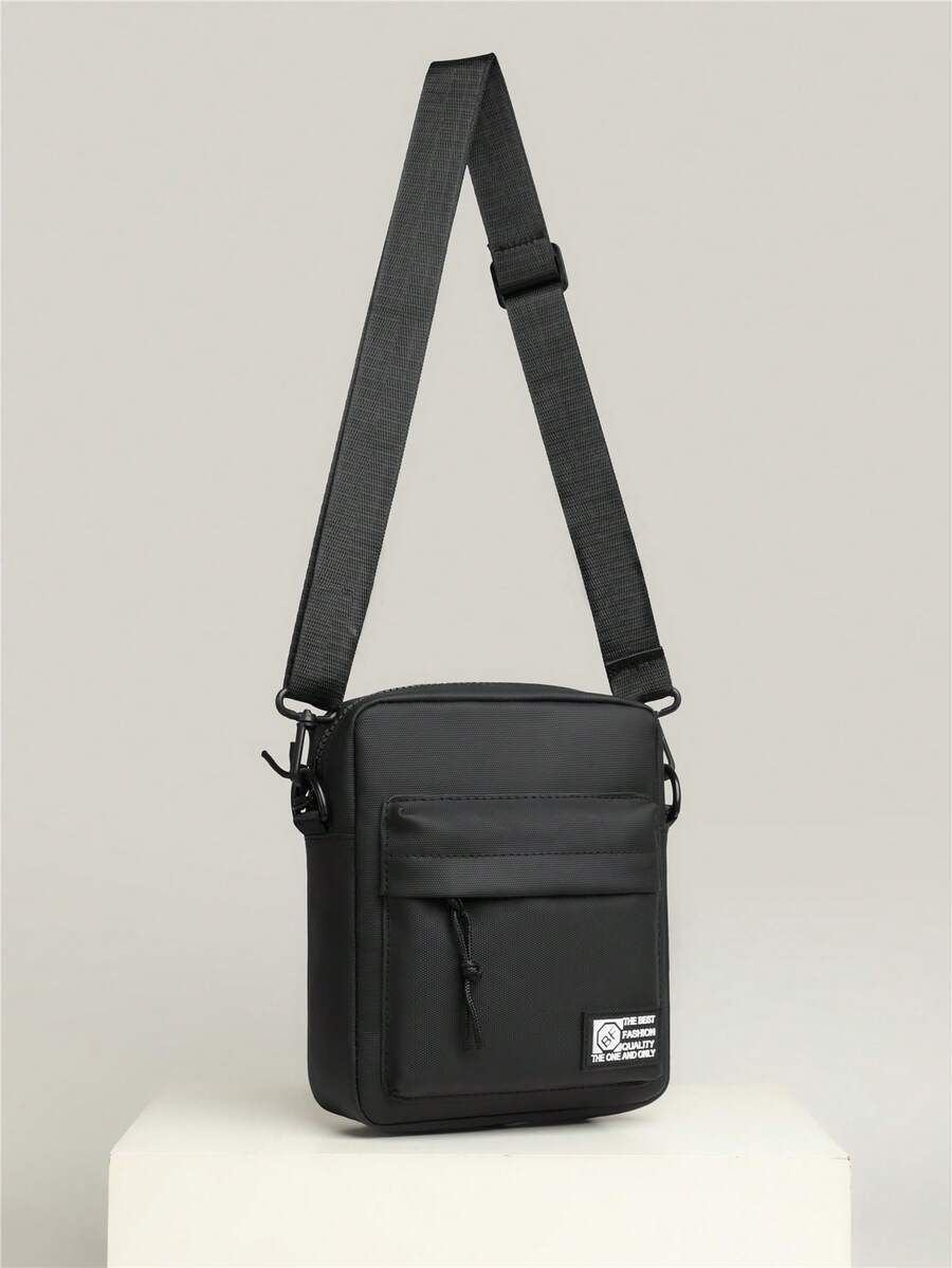 1 buc. Geantă crossbody pentru bărbați, pătrată, casual, culoare solidă, model cu litere, cadou de călătorie, geantă de ciclism în aer liber, geantă de mesager pentru camping, geantă de umăr pentru întoarcerea la școală, portofel pentru rechizite de studiu de primăvară, rucsac pentru facultate, geantă crossbody de vară pentru tați, geantă de sală pentru studenți - Negru - Vizualizare 1