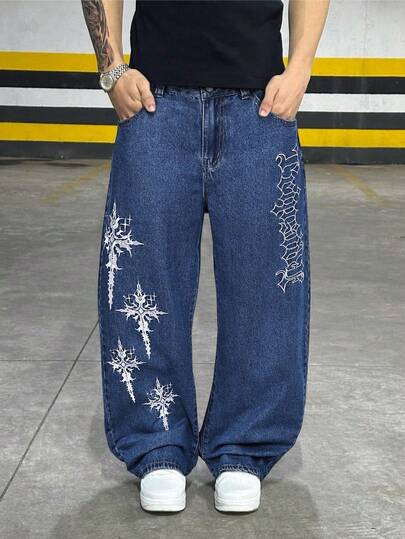Jeans rectos y anchos de estilo casual, sueltos y versátiles con patrón bordado, en estilo grunge, gótico y Y2K, para hombres. Ropa de calle personalizada y de moda, adecuada para el trabajo, el transporte, actuaciones en el escenario, reuniones con amigos y uso al aire libre.