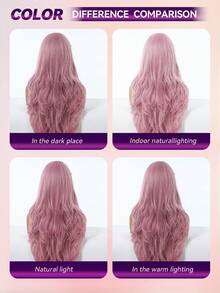 24 Inch Machine Made Light Pink Wavy Wig With Bangs, Voluminous Body Wave Adjustable Strap For Festival Ready - Pink - View 9