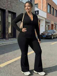 女士纯色健身套装，长袖运动上衣和紧身裤，健身房锻炼跑步服 - 黑色 - 查看 3