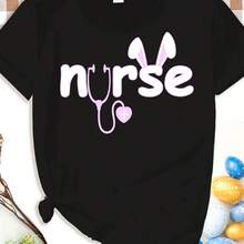 Camiseta De Mujer De Cuello Redondo Con Estampado Gráfico De Conejita Enfermera Adorable De Pascua, Mangas Cortas Casuales, Perfecta Para Una Silueta De Primavera/verano - Oscuro - Ver 1