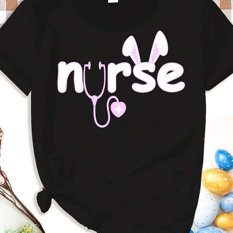 Camiseta De Mujer De Cuello Redondo Con Estampado Gráfico De Conejita Enfermera Adorable De Pascua, Mangas Cortas Casuales, Perfecta Para Una Silueta De Primavera/verano - Oscuro - Ver 1