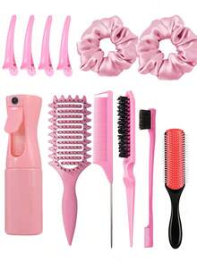 2/4/5/6/11/12件套男女通用美发造型梳套装（新款升级卷发梳、9排尼龙气垫造型梳、蓬松梳、尖尾梳、边缘梳、喷雾瓶、4个鸭嘴夹、美发造型梳套装） - 彩色 - 查看 11