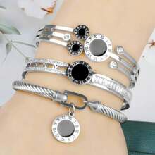 3/1 Pair Heart Diamond Inlaid Bracelet | Pair Of LOVE Symbol Stainless Steel Bangle, Roman Braided Wire Layered Gift, Fashionable Women Jewelry - Roman Combination - View 26
