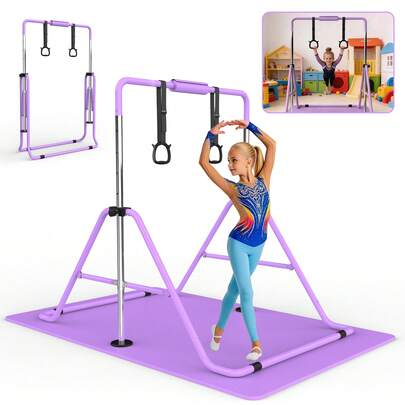 Gymnastics Bar For Kids, Gymnastics Horizontal Bar With Adjustable Height Foldable Training Bar With Mat For Home Practice