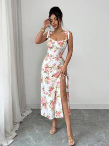 新款夏季吊带腰带系带修身中长碎花连衣裙 - 粉色 - 查看 2