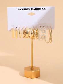 6 Pairs Minimalist Elegant C‑Shape Faux Pearl Metal Earrings, Gold Fashion Jewelry - Multicolor - View 3