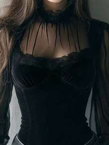 Women's Lace Mesh Sheer Long Sleeve Blouse, Women's Knitted Lace Ruffle Hem Long Sleeve Black Shirt, Women's Vacation Wear, Elegant Lace Trim Ladies Apparel, See-Through Sleeve Bodycon Off Shoulder Top, Suitable For Beach, Dinner, Date, Holiday, School, Vacation, Home, Daily, Travel, Spring, Summer, Autumn, Valentine's Day - Black - View 3