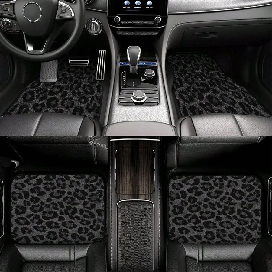 4-Piece Leopard Print Car Floor Mats - Black & Animal Pattern, Durable Polyester Material, Easy-To-Clean Surface, Suitable For Home & Road Trips, Stylish Interior & A Gift For Friends, Car Floor Mats, Essential For Road Trips, Leopard Print Design