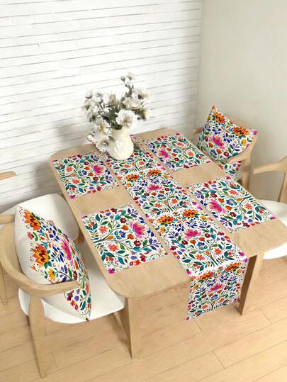 1/4/5/6/7pcs Spring & Summer Floral Decor Set, Beautiful Flower Design Living Room Decor Set, Bedroom Decor Set, Dining Room Decor Set, Linen-Like Material, Multiple Sizes Available, Dining Table Decor, Fireplace Mantel Scarf, Placemats, Coasters, Home Decor