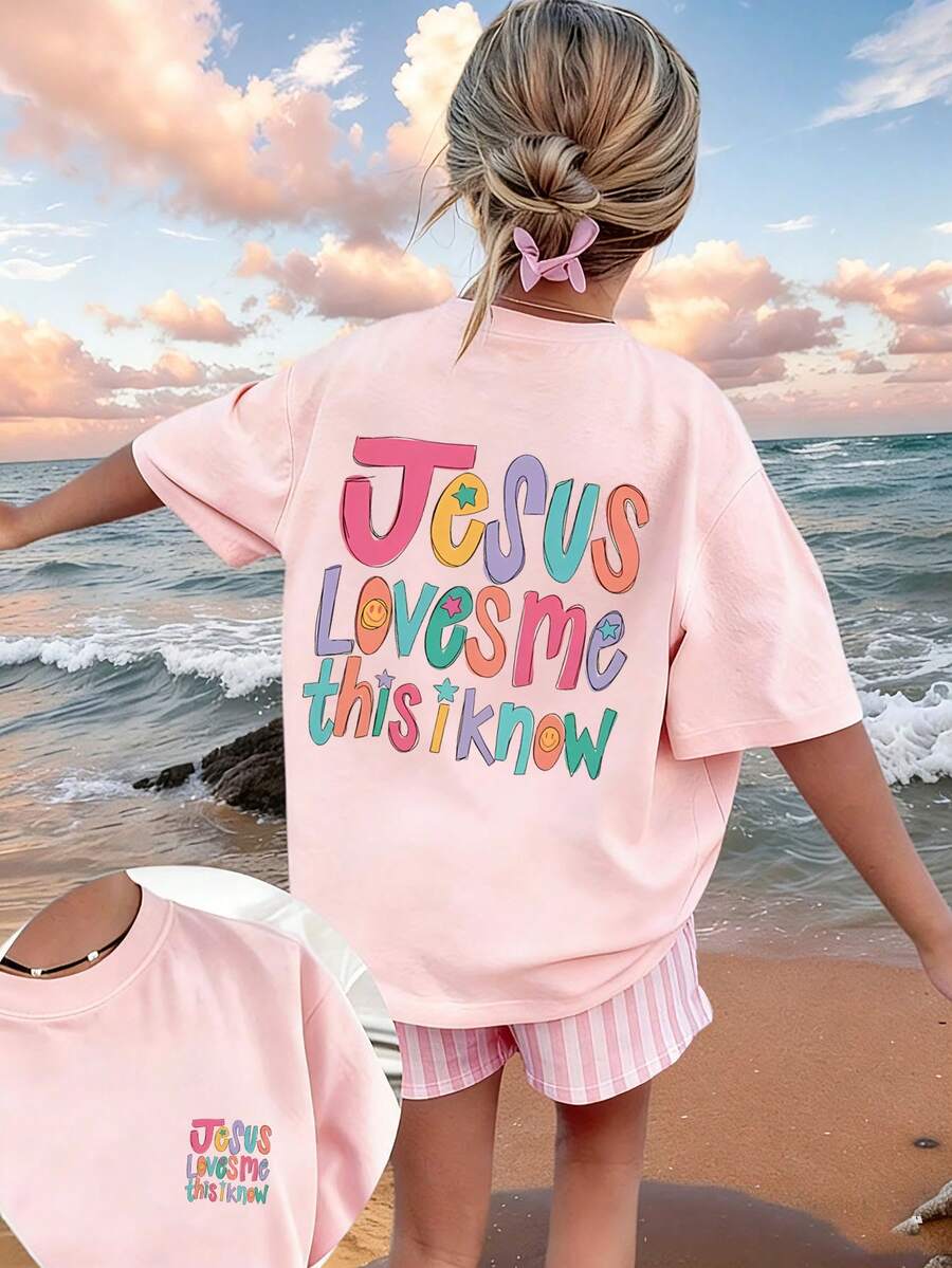 Áo thun cổ tròn in khẩu hiệu "Jesus Loves Me" dành cho bé gái tuổi mới lớn, Áo mùa hè - Hồng - Xem 1