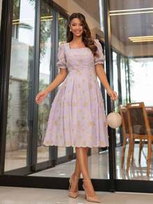 Luxury Elegant Short Dress With 3D Embroidery, Short Sleeves, Cotton. - 紫丁香色 - 查看 1